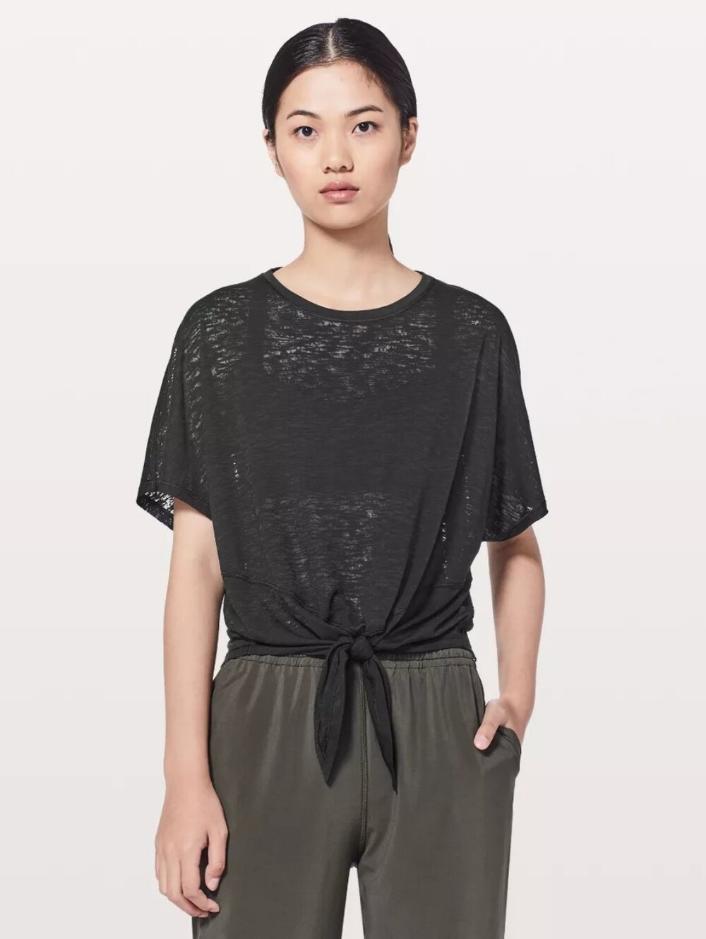 Lululemon In Sequence Short Sleeve Tie Front Top Black Size 6
